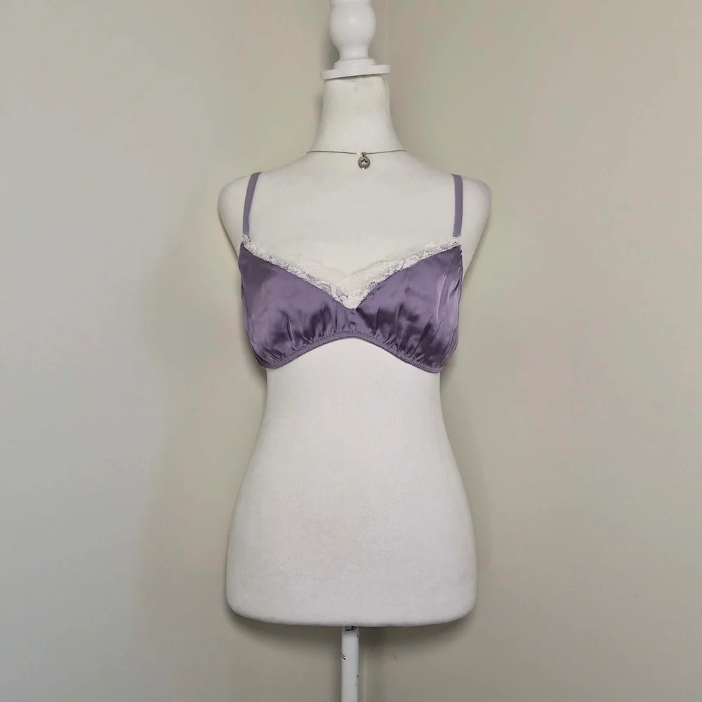 Free People NWOT She Silky Bralette Elderberry Purple Lace Satin Smocked Bra L - Picture 3 of 10